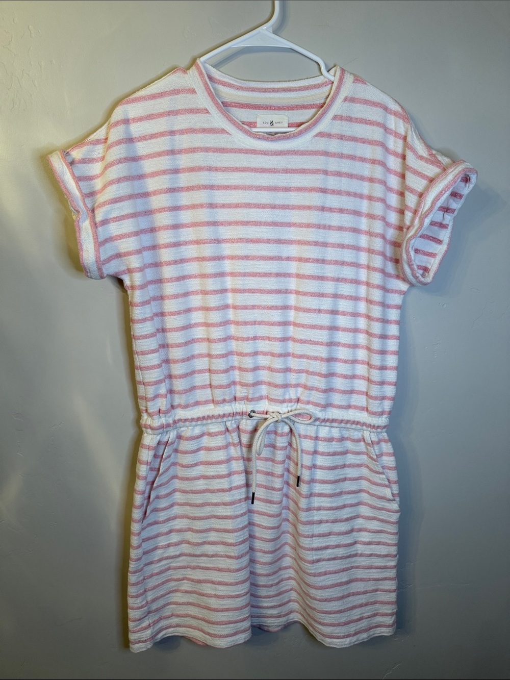 Lou & Grey Striped Terry Cloth Drawstring Waist Dress - Pink & White